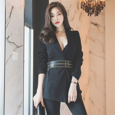 Spring Women Elegant Blazer Jacket Office Deep V-Neck Sexy Casual Female Long Sleeve Slim Blazer Coat Ma385