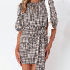 Spring Women Plaid Print Mini Dresses Summer O-neck Lace Up Slim Elegant Office Party Lady Half Sleeve Dress Robe 2023