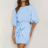 Spring Women Plaid Print Mini Dresses Summer O-neck Lace Up Slim Elegant Office Party Lady Half Sleeve Dress Robe 2023