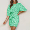 Spring Women Plaid Print Mini Dresses Summer O-neck Lace Up Slim Elegant Office Party Lady Half Sleeve Dress Robe 2023