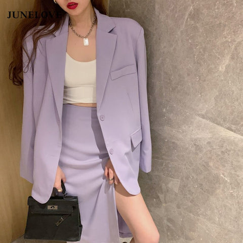 Spring Women Purple Skirt Purple Suit 2023 Elegant Single-breasted Suit Jacket & Split Pencil Skirt Summer Ladies Blazer Set