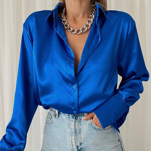 Spring Women Shirts Casual Satin Loose Green Blouses Long Sleeve Single Breasted Tops Mujer Button Shirt Woman Clothing