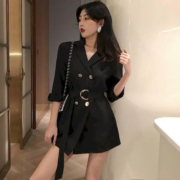Spring Women Solid Sashes Blazers Office Ladies Elegant Double Breasted Blazer Korean Harajuku Jackets Dress Vestidos Harajuku