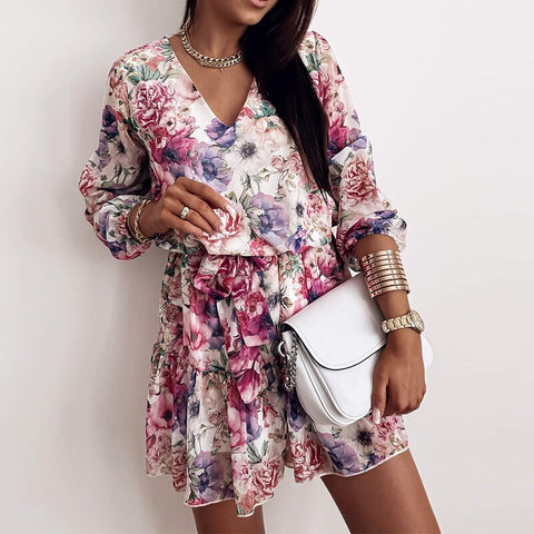 Spring Women's Chiffon V Neck Flower Print Dress Casual Long Sleeve Short Dress Female Boho Leisure A Line Party Vestidos 2022