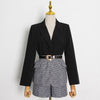 Spring Women's Leisure Suit Lapel Loose Single Button Long Sleeve Belt Blazer And Plaid High Waist Short