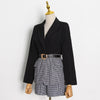 Spring Women's Leisure Suit Lapel Loose Single Button Long Sleeve Belt Blazer And Plaid High Waist Short
