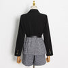 Spring Women's Leisure Suit Lapel Loose Single Button Long Sleeve Belt Blazer And Plaid High Waist Short