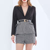 Spring Women's Leisure Suit Lapel Loose Single Button Long Sleeve Belt Blazer And Plaid High Waist Short