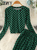 Spring and Autumn Casual Suit Women's Checkerboard High Waist Micro-Flare Long Pants Two-piece Stand Collar Short Top