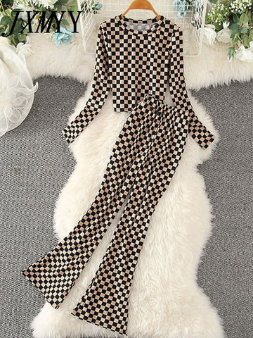 Spring and Autumn Casual Suit Women's Checkerboard High Waist Micro-Flare Long Pants Two-piece Stand Collar Short Top