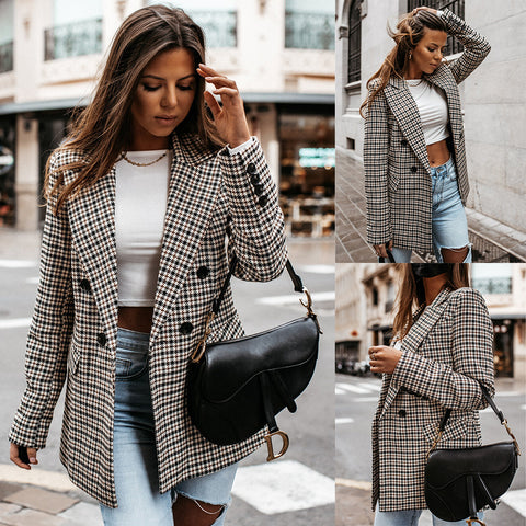 Spring and Autumn  Long Sleeve Small Suit Women's Top Slim Long Sleeve Jacket Small Suit Plaid Coat Suit Blazer