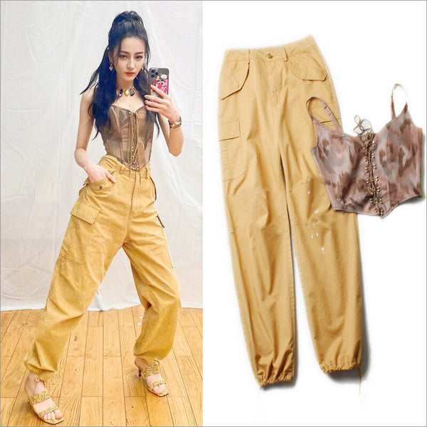 Spring and Autumn Cargo Pants Women's Korean-Style Casual Drawstring Hollow-out Top Women Pants
