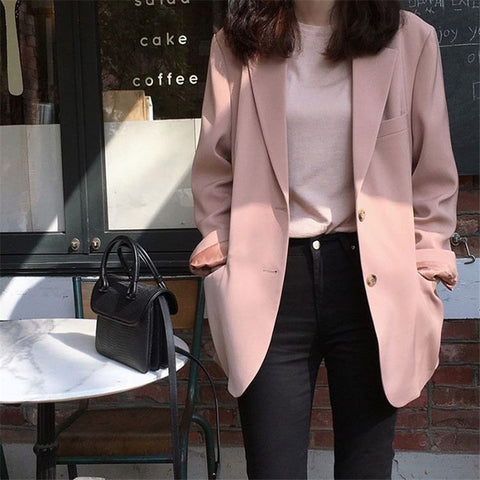 Spring and Autumn Korean Suit Jacket Women's Leisure Loose Pink Suit Slim  White Blazer Women Office Lady  Suit Blazer