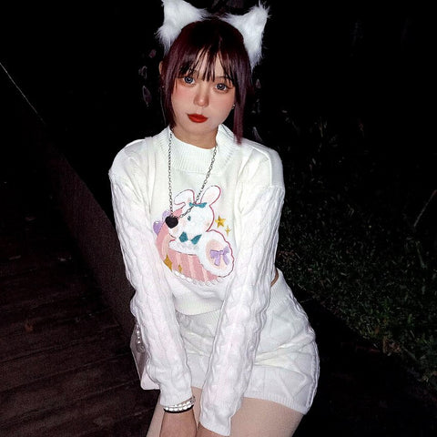 Spring and Autumn Lolita Style Sweater Rabbit Embroidered Long Sleeve Loose Short Top + Slim Skirt Party Skirt Set NS680