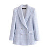 Spring and Autumn Winter Clothes Women Blue Plaid Texture Blazer Suit Blazer  Design Double Breasted Women Blazers