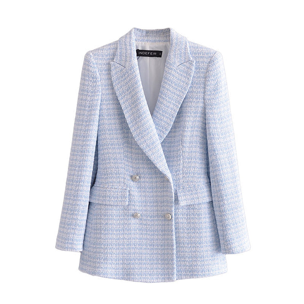 Spring and Autumn Winter Clothes Women Blue Plaid Texture Blazer Suit Blazer  Design Double Breasted Women Blazers