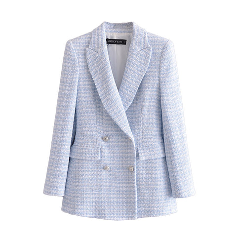 Spring and Autumn Winter Clothes Women Blue Plaid Texture Blazer Suit Blazer  Design Double Breasted Women Blazers