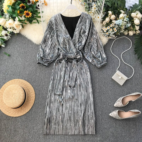 Spring and Autumn Women's Party Dress Ins Temperament Vintage Dress Waist Pleated Dress Female  Long Sleeve Sexy Dress GD226