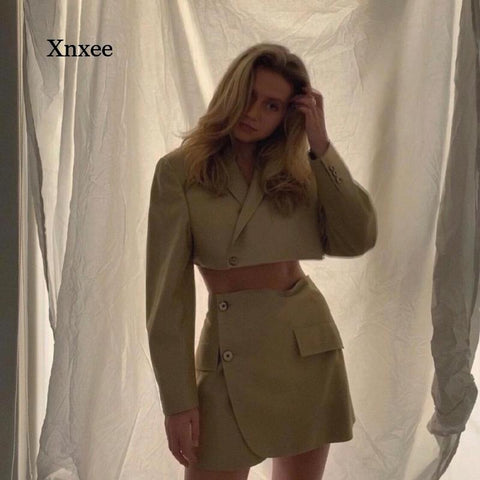 Spring and Autumn Women's Two-Piece Jacket Short Skirt Solid Color Jacket Short Skirt Suit Lapel Single-Breasted Short Jacket