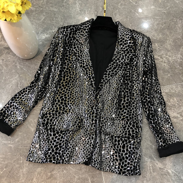 Spring and Autumn slim slim leopard-print women's business suit long-sleeve sequined flannelette printed jacket