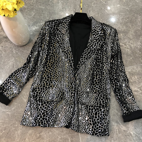Spring and Autumn slim slim leopard-print women's business suit long-sleeve sequined flannelette printed jacket