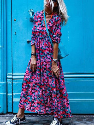 Spring and Autumn women's Long Sleeve Leisure Style Polyester 2023 V-neck Medium Waist Long Printed Dress