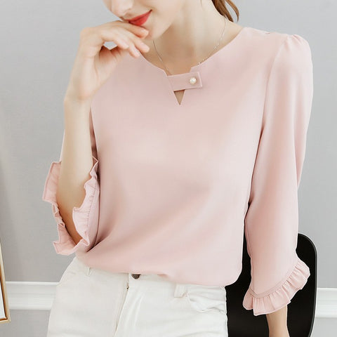 Spring and Summer Blouse Women Ruffles Sleeved Blusa Lady Chiffon Blouses Pearl Korean Solid Blusas Slim Lady Shirts Tops