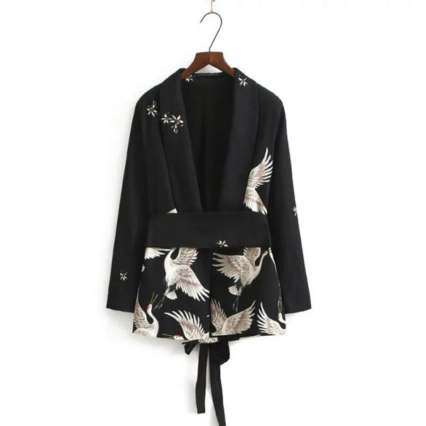 Spring and Summer European Station Crane Belt Suit Female Printed Small Suit Coat