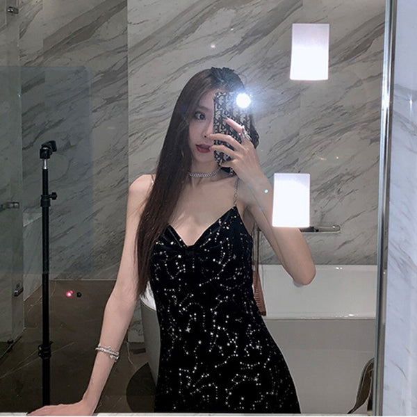 Spring and Summer  Temperamental Fairy Sequin Sling Black Women's Seaside Vacation Beach Fried Street  Dress