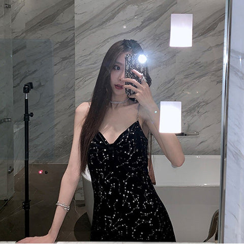 Spring and Summer  Temperamental Fairy Sequin Sling Black Women's Seaside Vacation Beach Fried Street  Dress