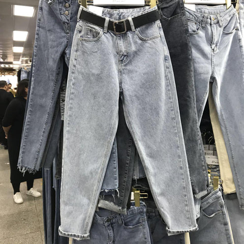 Spring and autumn Hong Kong-flavored nine-point jeans female loose-fitting students high waist thin broad legs straigh pants