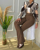 Spring and autumn floral print long-sleeved stand collar chiffon shirt + high-waisted trousers with belt two-piece female