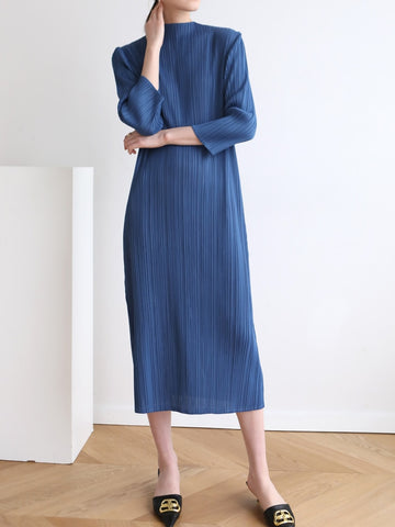 Spring and autumn women's half high neck dress Miyak fold Basic Pleated solid color plus size slim midi dress tied