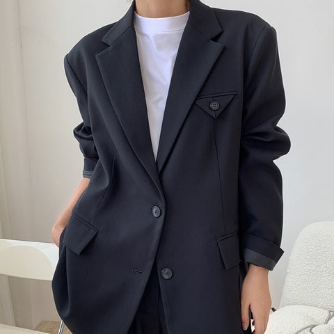 Spring and autumn women's casual solid color single-breasted pocket decoration loose jacket