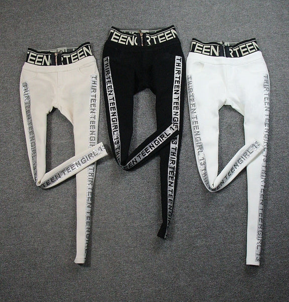 Spring autumn high-waistshiny side rhinestone skinny jeans women letters pure cotton white stretch jeans