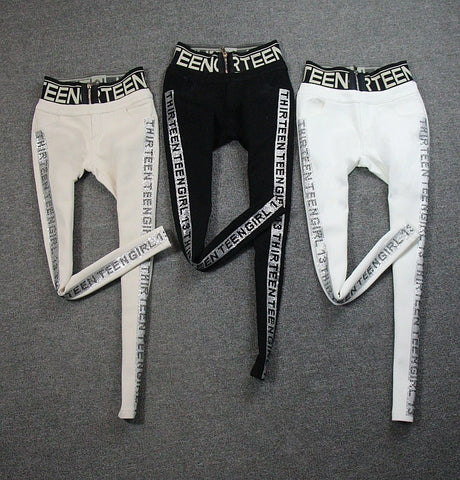 Spring autumn high-waistshiny side rhinestone skinny jeans women letters pure cotton white stretch jeans