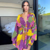 Spring/summer 2023 Floral Print Long-Sleeved Dress Ladies Temperament Belted Beach Sexy V-Neck Loose Casual Mini Skirt