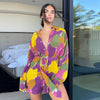 Spring/summer 2023 Floral Print Long-Sleeved Dress Ladies Temperament Belted Beach Sexy V-Neck Loose Casual Mini Skirt