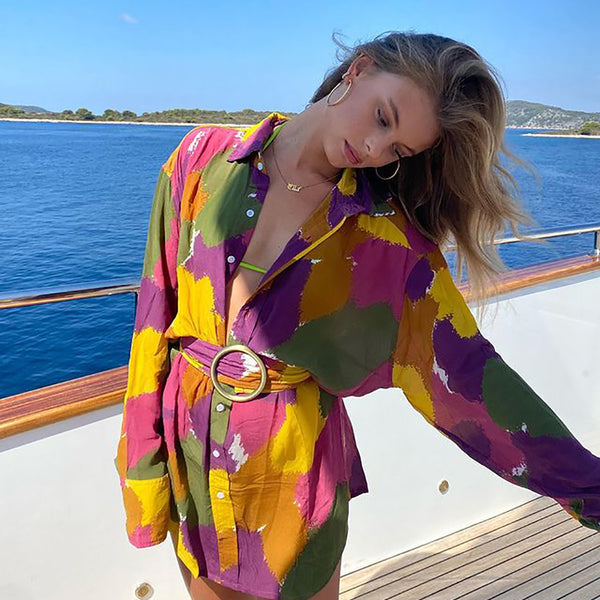 Spring/summer 2023 Floral Print Long-Sleeved Dress Ladies Temperament Belted Beach Sexy V-Neck Loose Casual Mini Skirt