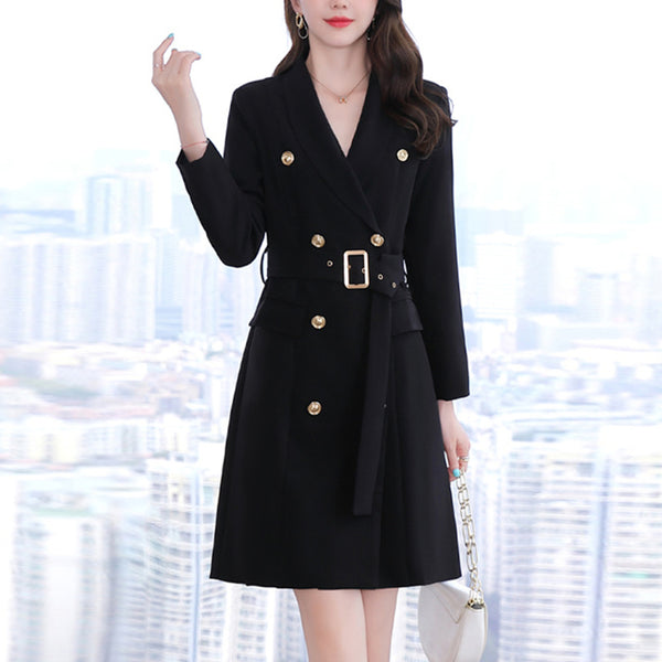 SpringAutumn Office Ladies Casual Double Breasted With Belt Long Blazer Dress Women Casual Jacket Female Elegant Business Coat