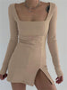 Square Collar Bodycon Basic Ribbed Slit Dress Women Chic Slim Sexy Mini Dresses Female Slim Fit High Split Robe Femme Vestidos