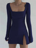Square Collar Bodycon Basic Ribbed Slit Dress Women Chic Slim Sexy Mini Dresses Female Slim Fit High Split Robe Femme Vestidos