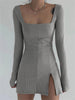 Square Collar Bodycon Basic Ribbed Slit Dress Women Chic Slim Sexy Mini Dresses Female Slim Fit High Split Robe Femme Vestidos