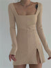 Square Collar Bodycon Basic Ribbed Slit Dress Women Chic Slim Sexy Mini Dresses Female Slim Fit High Split Robe Femme Vestidos