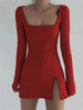 Square Collar Bodycon Basic Ribbed Slit Dress Women Chic Slim Sexy Mini Dresses Female Slim Fit High Split Robe Femme Vestidos