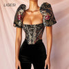 Square Collar Strapless Crop Tops Shirt Puff Sleeve Embroidered Sexy Backless Shirts Blouse Women Zipper Elegant Crop Top