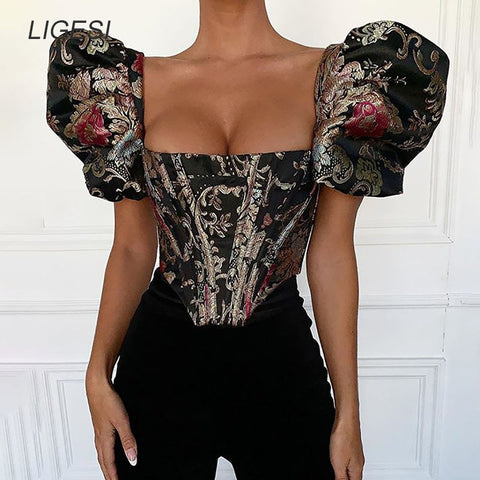 Square Collar Strapless Crop Tops Shirt Puff Sleeve Embroidered Sexy Backless Shirts Blouse Women Zipper Elegant Crop Top