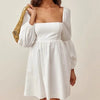 Square Neck Mini Dress Women Bohemian Loose White Dress  Casual Woman Dress Autumn Long Sleeve Vintage A Line Dress