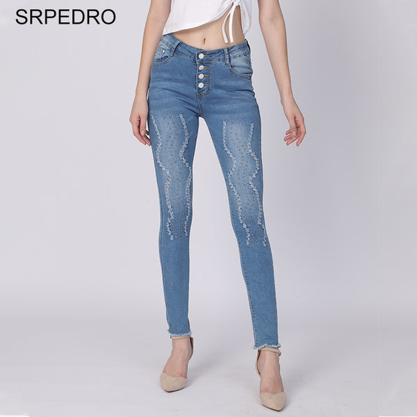 Srpedro Sequins Tassel Jeans Hole High Stretch Denim Pencil Pants Four Buttons Waist Folds Slim Full Length Trousers Women 2022