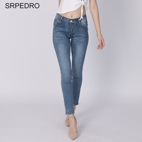 Srpedro Women Skinny Jeans Mid Waist Full Length Pencil Pants Slim Scratched  Classic Blue Stretch Denim Trousers